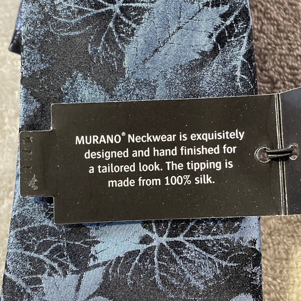 Murano Tie Necktie Blue Black Leaf Metallic Hand Finished 100 Silk Office Career - Picture 8 of 9